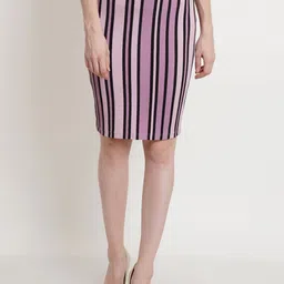 Popwings Women Lavender-Colored & Black Striped Pencil Knee-Length Skirt-image-25