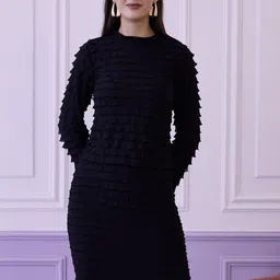 Athena Navy Blue Above Knee Length Layered Straight Skirt-image-10