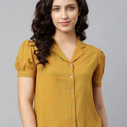 DEEBACO Women Mustard Premium Puff Sleeves Casual Shirt-18