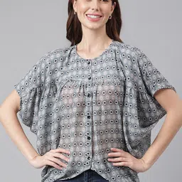 FLAMBOYANT Women Grey & Black Geometric Print Top-image-42