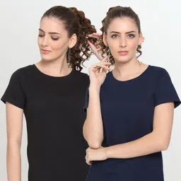 UnaOne Women Pack of 2 Black & Navy Blue Solid Plus Size T-shirt-image-89