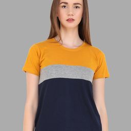 Reifica Women Mustard Yellow & Navy Blue Colourblocked T-shirt-image-78