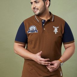 bigbanana Men Plus Size Brown & Navy Blue Colourblocked Polo Collar Pure Cotton T-shirt-image-54