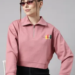 SHOWOFF Mock Collar Long Sleeves Front Open Crop Oversized Sweatshirt image 1