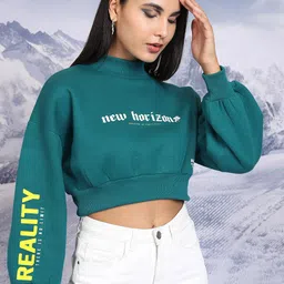 Tokyo Talkies Teal Green Typography Printed Crop Oversized Sweatshirt-image-33