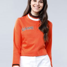 Tokyo Talkies Women Orange Printed Crop Sweatshirt-image-4