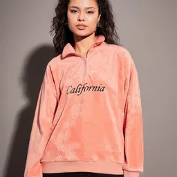 SASSAFRAS Peach-Coloured Typography Embroidered Mock Collar Sweatshirt-47