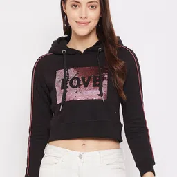 Duke Women Black Sequin Embellished Cotton Crop Hooded Sweatshirt-picture-50