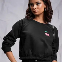 Tokyo Talkies Black Round Neck Cropped Relaxed Pullover Sweatshirt-image-45