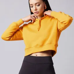 DOLCE CRUDO Women Mustard Yellow Hooded Crop Sweatshirt-image-68
