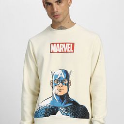VEIRDO Beige Captain America Superhero Graphic Printed Hooded Fleece Pullover Sweatshirt-image-89