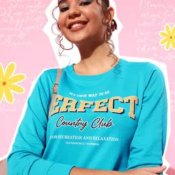 HERE&NOW Women Sea Blue Typography Printed Sweatshirt-image-39