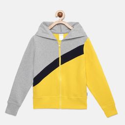 mackly Girls Yellow & Grey Colourblocked Hooded Sweatshirt-image-8