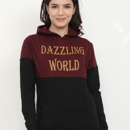 Fleximaa Women Maroon Colourblocked Hooded Cotton Sweatshirt-image-69