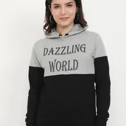 Fleximaa Women Grey Melange & Navy Blue Colourblocked Hooded Sweatshirt-23