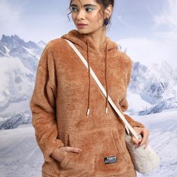 Tokyo Talkies Brown Hooded Drop Shoulder Sleeves Oversized Pullover-image-45