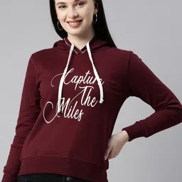 Bailey sells Women Burgundy Typography Printed Hooded Pure Cotton Sweatshirt-image-4