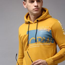 SHOWOFF Men Mustard Printed Cotton Hooded Sweatshirt-image-24