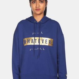 Flying Machine Women Blue & Gold-Toned Typography Printed Pure Cotton Hooded Sweatshirt-image-94