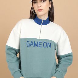 Tokyo Talkies Blue & White Colourblocked High Neck Relaxed Fit Pullover-image-90