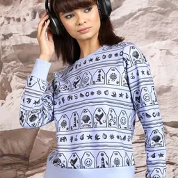 Tokyo Talkies Blue Conversational Printed Round Neck Sweatshirt-image-59