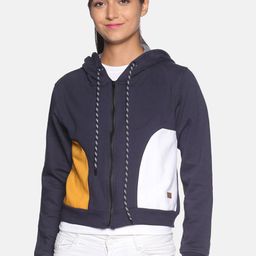 Campus Sutra Women Navy Blue and White Colourblocked Hooded Sweatshirt-image-51