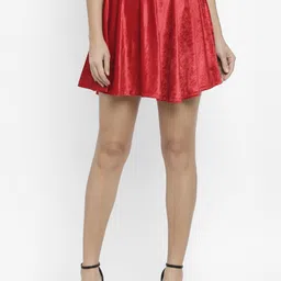 N-Gal Women Red Solid Velvet Flared Mini Skirt-image-1