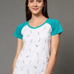 BStories Women White & Blue Printed Cotton  Lounge Tshirts-23