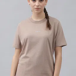 GRIFFEL Women Brown Solid Cotton T-shirt-image-52
