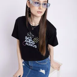 Mast & Harbour Black Typography Printed Relaxed Fit Crop Pure Cotton T-shirt-picture-49