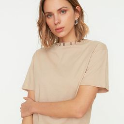 Trendyol Women Beige Solid Cotton Round Neck T-shirt-image-95