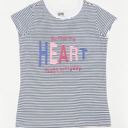 Cantabil Girls White & Navy Blue Striped Extended Sleeves Cotton T-shirt-image-31