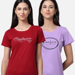 UnaOne Pack Of 2 Women Maroon & Purple Typography Printed Extended Sleeves T-shirt-picture-36