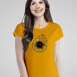 Pootlu Women Yellow & Black Floral Printed Extended Sleeves Pure Cotton T-shirt-picture-53