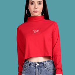 TWIN BIRDS Women Brand Logo High Neck Applique T-shirt-image-59