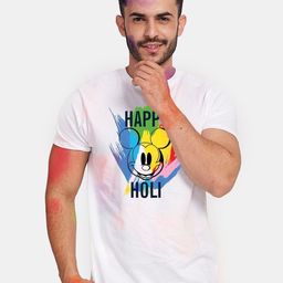 BonOrganik Men White & Yellow Happy Holi Mickey Mouse Printed T-shirt-image-31