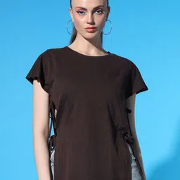 STHULAS Women Side Cut Tie- Ups Round Neck Cotton T-shirt-image-21