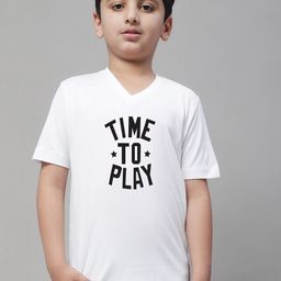Friskers Boys White Typography Printed V-Neck Applique T-shirt-image-77