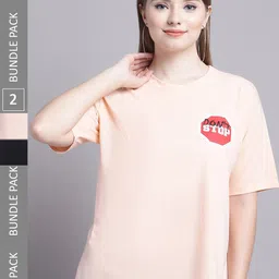 GRACIT Pack Of 2 Typography Printed Drop-Shoulder Sleeves Pure Cotton T-Shirt-image-100