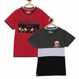 3PIN Boys Pack of 2 Red & Charcoal Grey Printed T-shirt-image-44