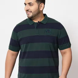 AUSTIVO Men Plus Size Green & Navy Blue Striped Polo Collar T-shirt-10