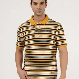 Wrangler Men Mustard Yellow & Black Striped Polo Collar Cotton T-shirt-image-17