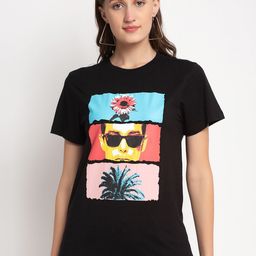DOOR74 Women Black & Peach-Coloured Printed Cotton T-shirt-picture-20