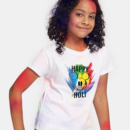 BONKIDS Girls White Happy Holi Disney Printed Cotton T-shirt-image-29