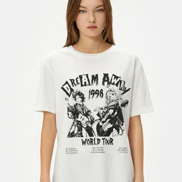 Koton Graphic Printed Drop Shoulder Sleeves Pure Cotton T-Shirt-image-10