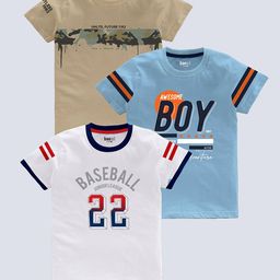 BAESD Boys Pack Of 3 Typography Printed Round Neck Short Sleeves Pure Cotton T-shirt-image-120