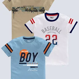 BAESD Boys Pack Of 3 Typography Printed Round Neck Short Sleeves Pure Cotton T-shirt-picture-20