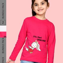 NUSYL Girls White & Pink Pack of 2 Graphic Printed T-shirts-image-85