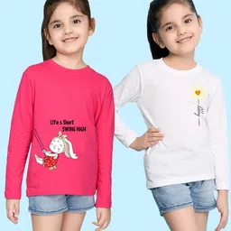NUSYL Girls White & Pink Pack of 2 Graphic Printed T-shirts-image-86