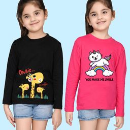 NUSYL Girls Black & Pink Pack of 2 Graphic Printed T-shirts-image-45